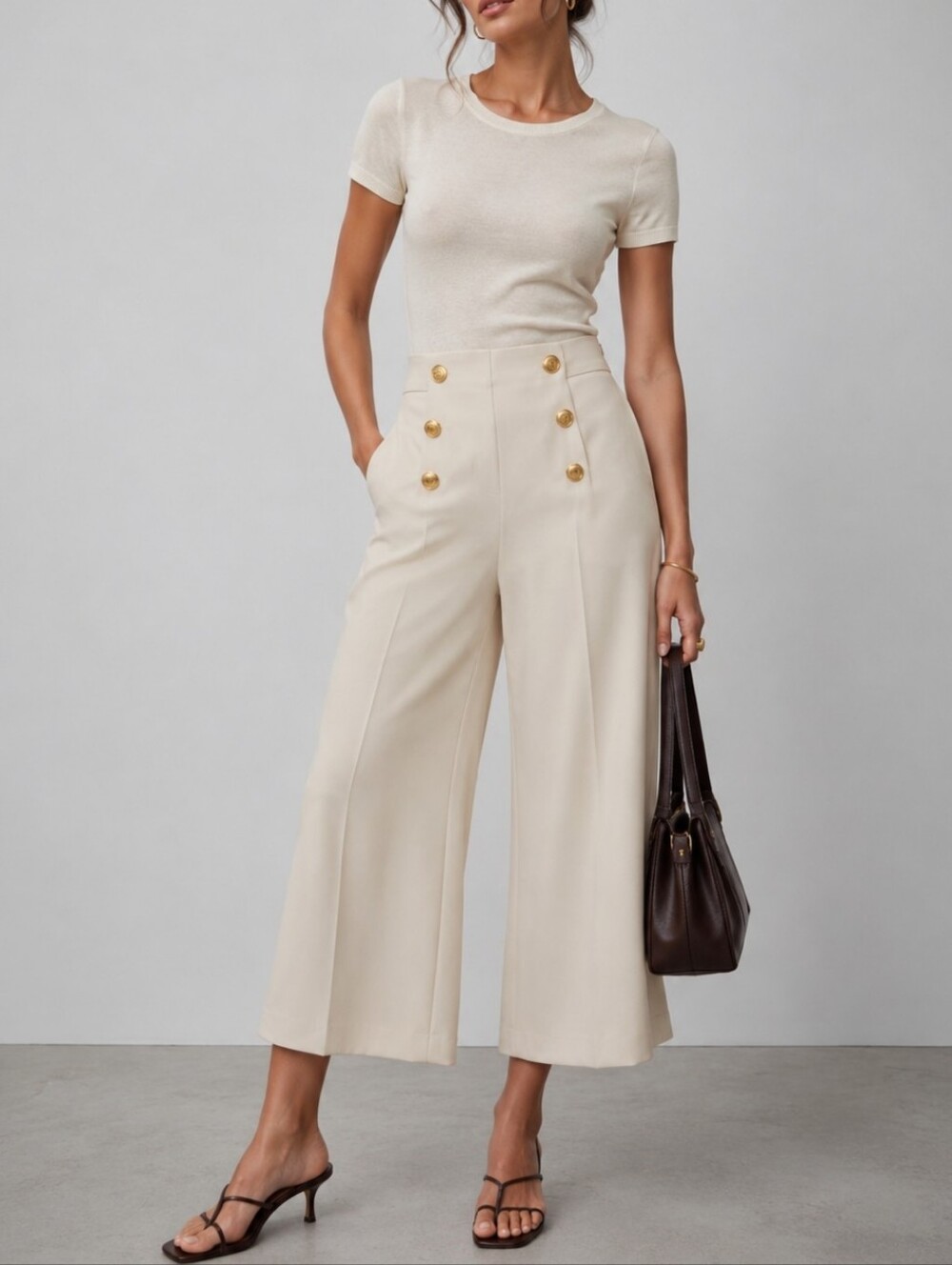Zara Wide Leg Cropped High Waisted Sailor Pants XL Gold Button Cream